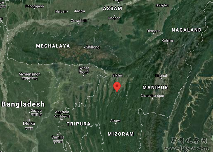 红点为此次冲突的爆发地瓦伊伦格泰，以北是阿萨姆邦，以南则是米佐拉姆邦。