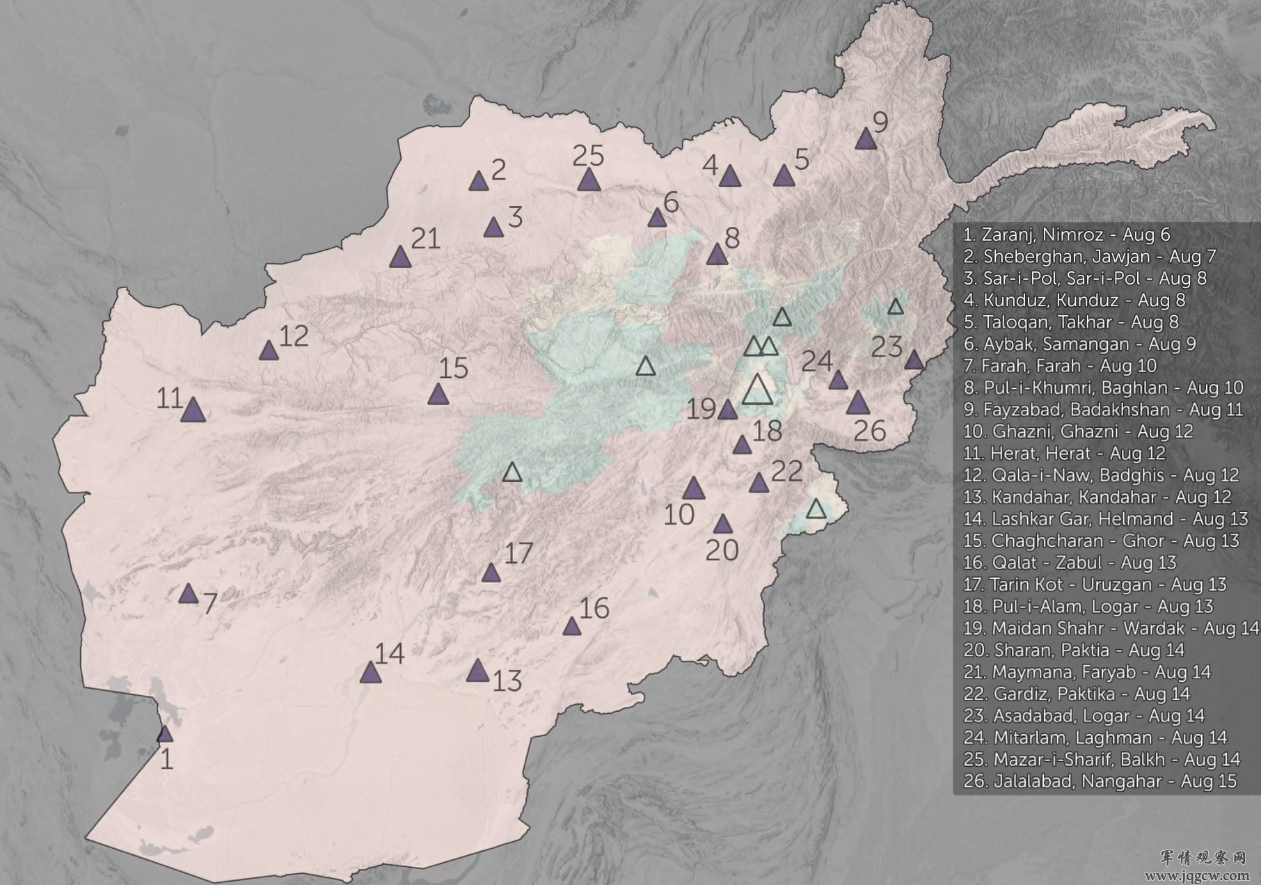 社媒体绘制的阿富汗最新（8月15日）局势图，黑色三角为塔利班宣称占领的省会城市